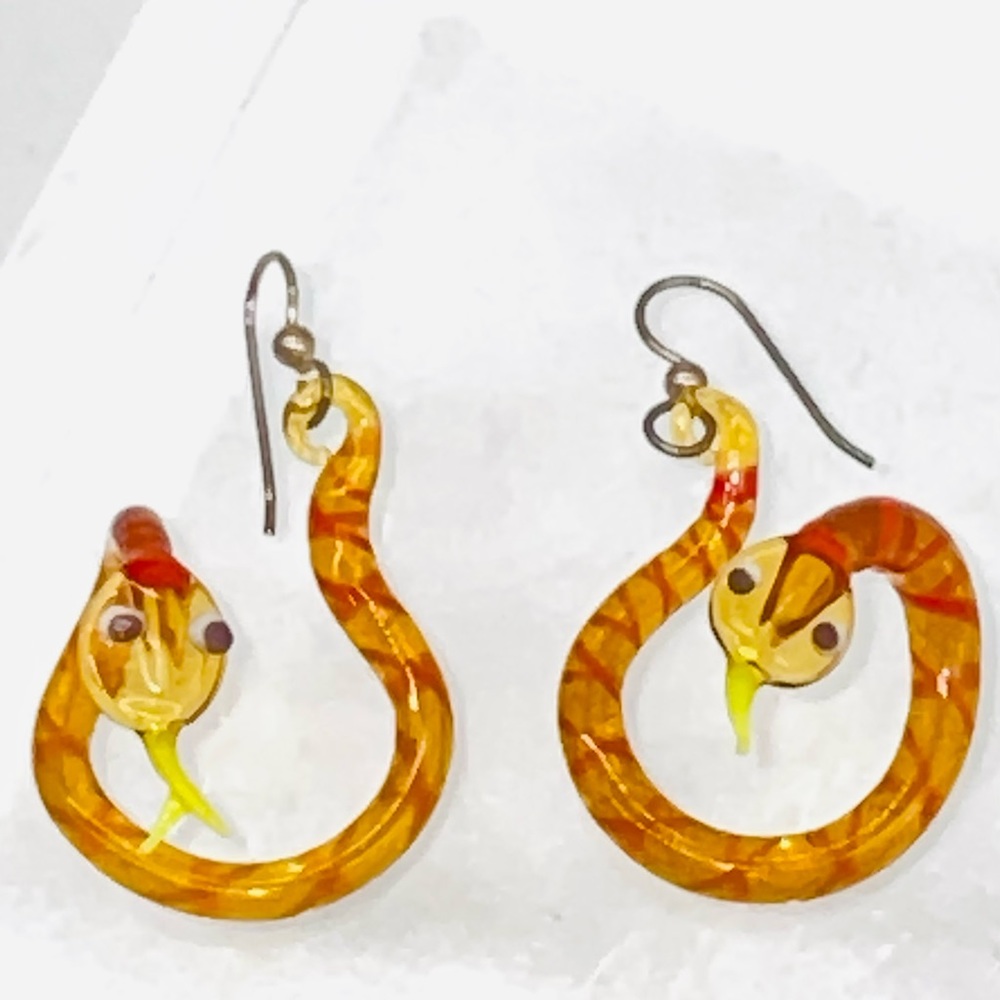 Art glass SNAKE Earrings Handmade Orange/Yellow Glass Snakes Unique